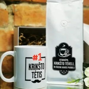 Rinkinukas auksinis puodelis ir kava auksinis krikšto tėtis