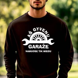 Juodos spalvos džemperis Aš gyvenu garaže baltas