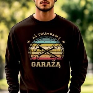 Juodos spalvos džemperis Aš trumpam į garažą lanku spalvotas