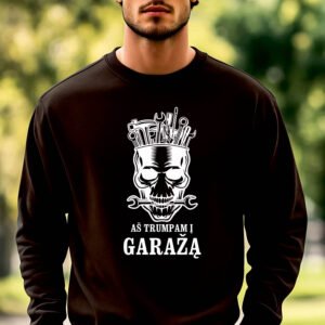 Juodos spalvos džemperis Aš trumpam į garažą baltas