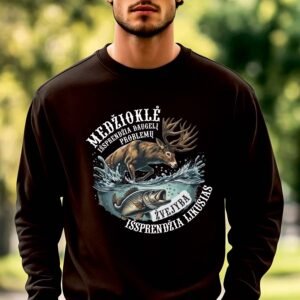 Juodos spalvos džemperis Medžioklė išsprendžia daugelį dalykų, žvejyba likusias