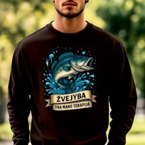 Juodos spalvos džemperis Žvejyba yra mano terapija